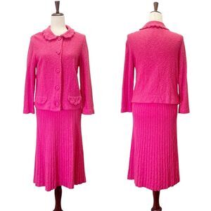 Vintage 1950s Boucle Knit Skirt Suit Dark Carnation Pink Size Medium Union Made
